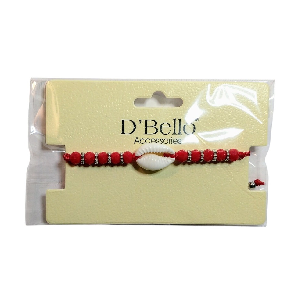 D'Bello Red Cord Cowrie Shell Slider Bracelet Faceted Beads Boho Beach Accessory